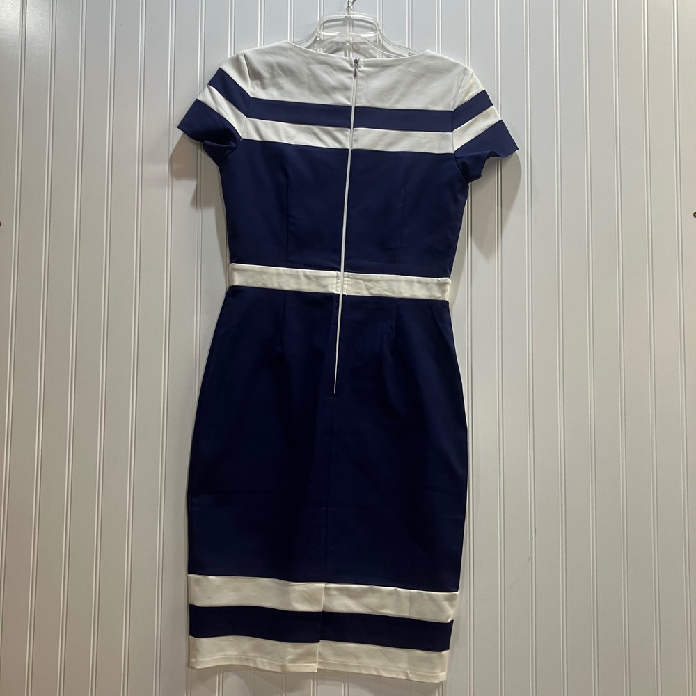 Paper Dolls London Navy White Stripe Cap Sleeve‎ Sheath Midi Dress US 8 Tall EUC - Picture 3 of 11